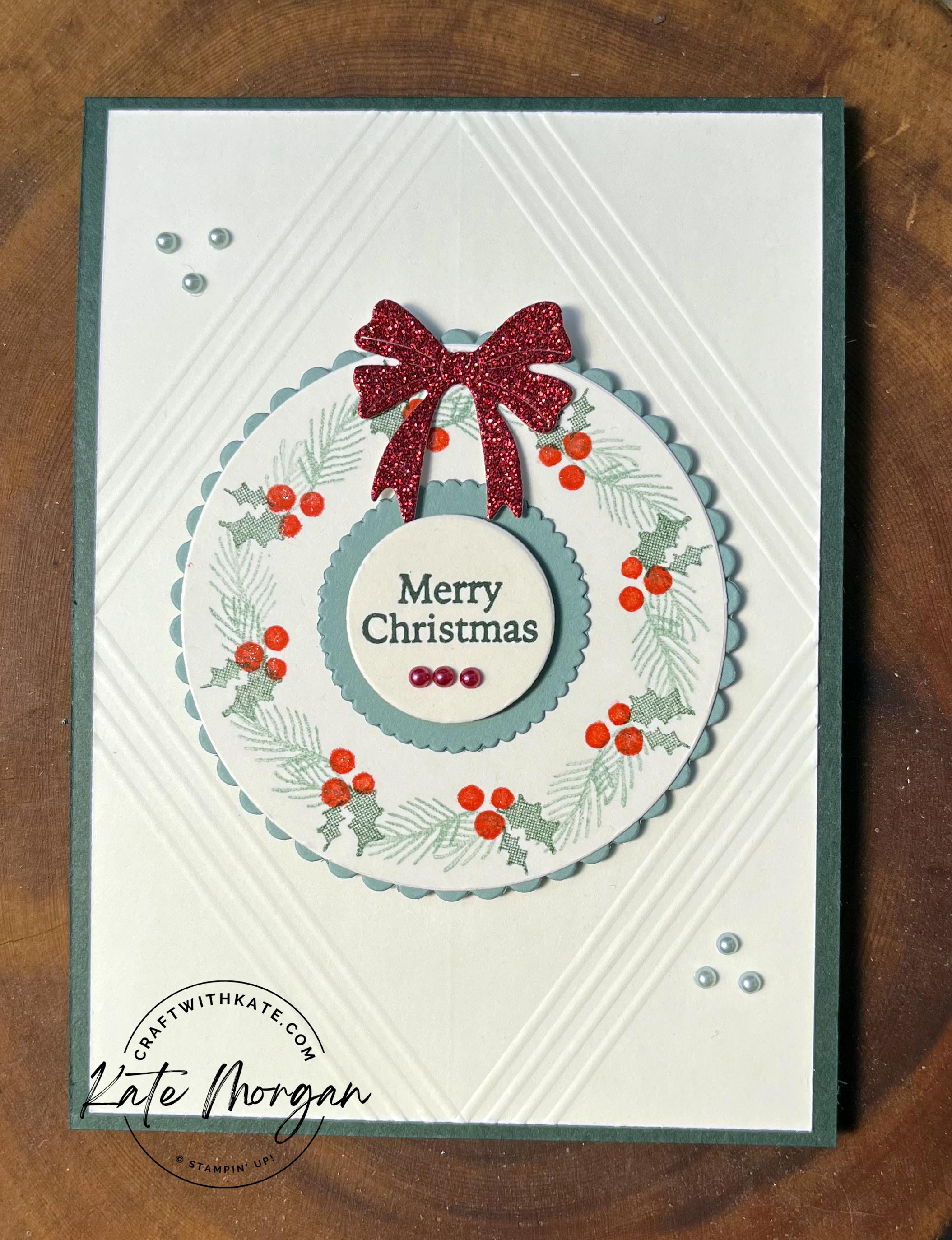 Cottage Wreaths with scored diamond Christmas card by Kate Morgan, Stampin Up Australia 2022