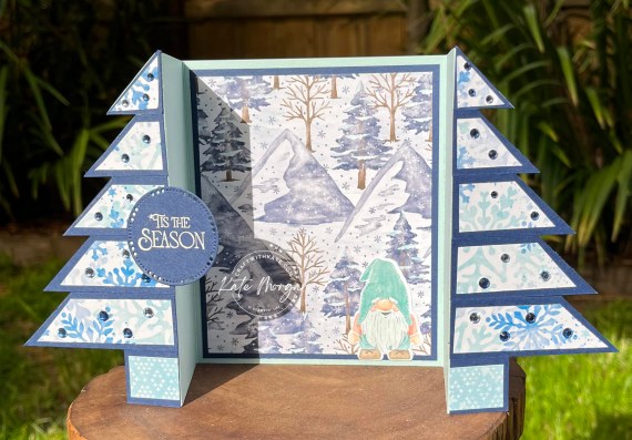 Christmas Tree Gatefold card using Storybook Gnomes DSP Fancy Fold by Kate Morgan, Stampin' Up Australia 2022 open