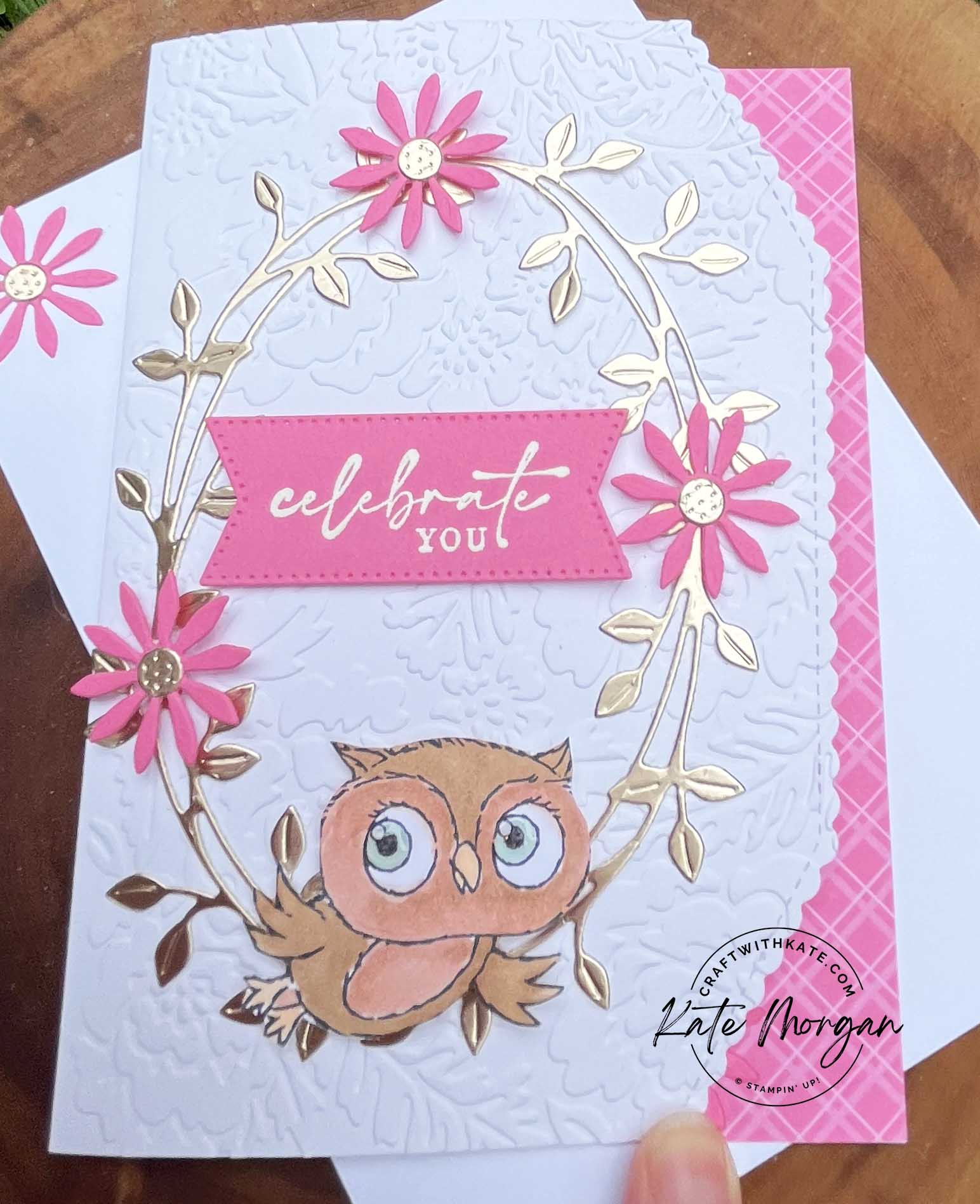 Adorable Owls & Dainty Delight Feminine card by Kate Morgan, Stampin Up Australia SAB 2023 close up