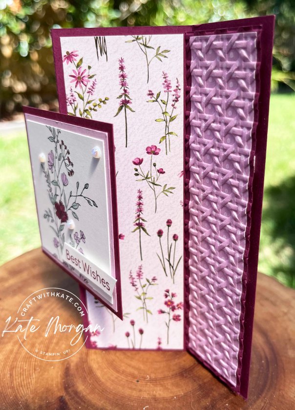 Dainty Delight &amp; Dainty Flowers DSP Feminine fancy fold card by Kate Morgan, Stampin Up Australia SAB 2023 side