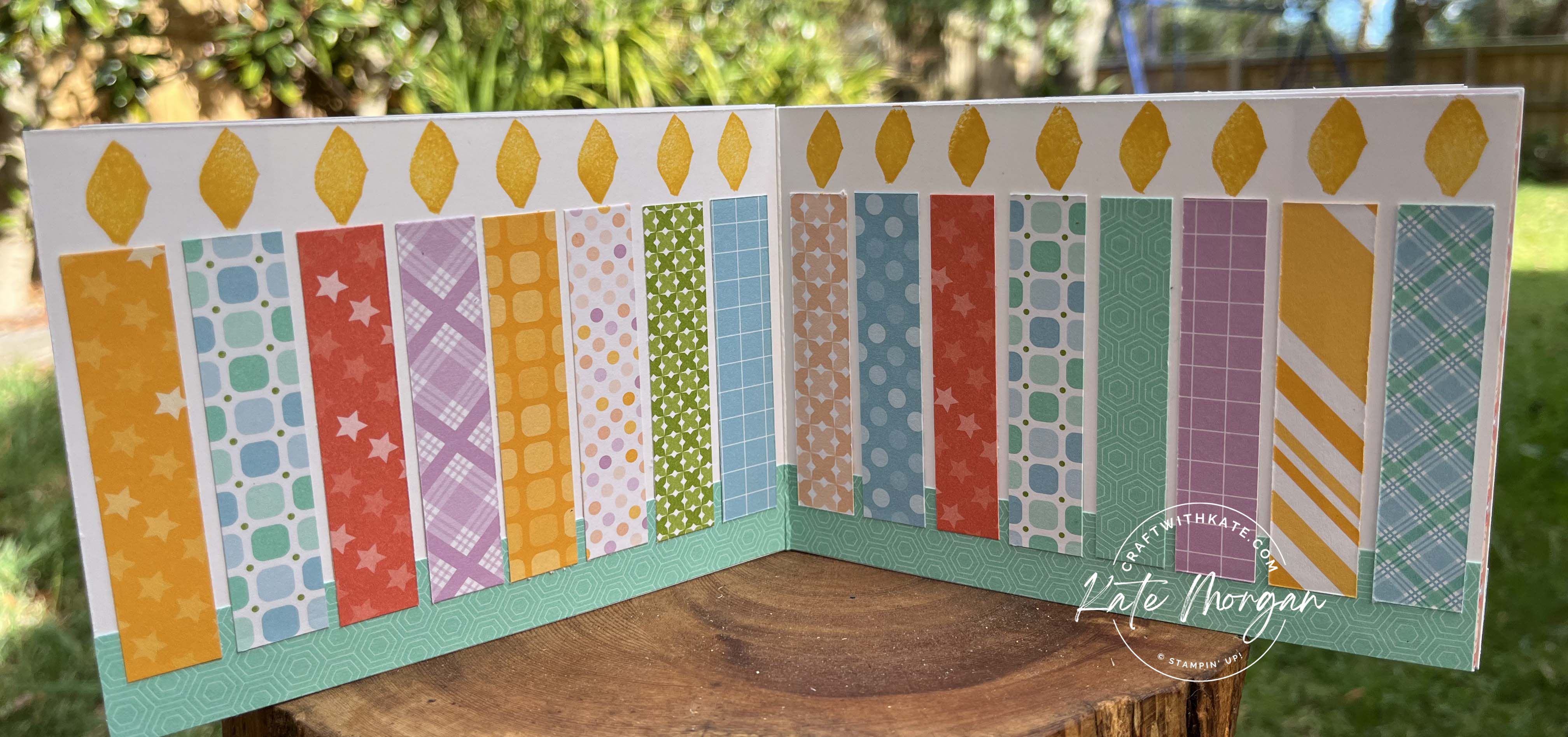 80th Birthday card with 80 candles using Stampin Up SAB Dandy Designs DSP by Kate Morgan, Stampin Up Australia 2023 open