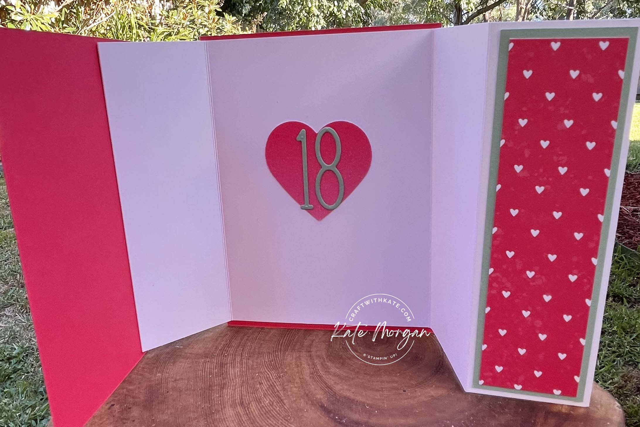 Personalised 18th Fancy Fold Birthday card using Stampin Up Country Floral Lane DSP by Kate Morgan, Stampin Up Australia 2023 open