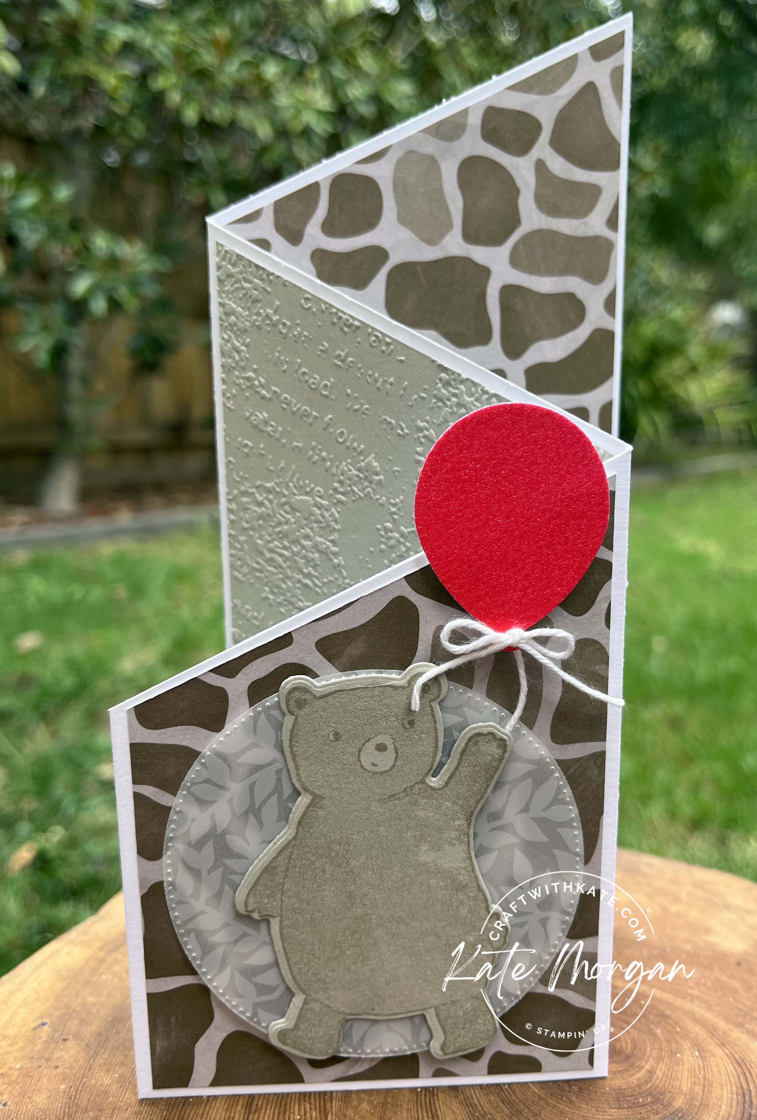 Trifold birthday card by Kate Morgan, Stampin Up Australia 2023 Like an Animal DSP, Happier Than Happy Bundle.