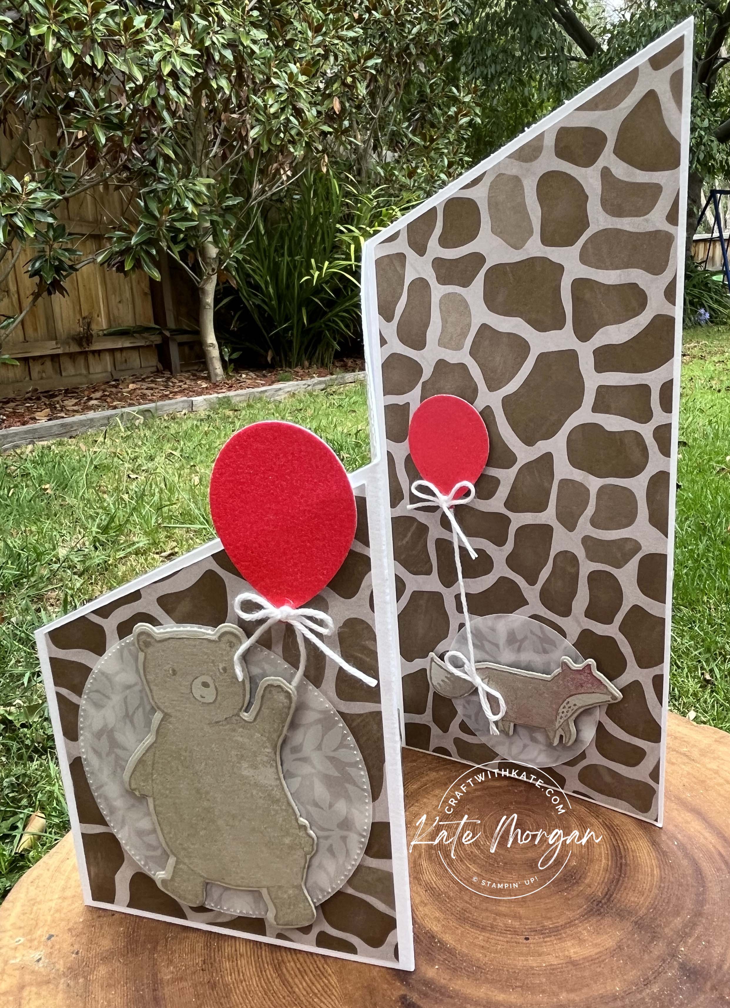 Trifold birthday card by Kate Morgan, Stampin Up Australia 2023 Like an Animal DSP, Happier Than Happy Bundle