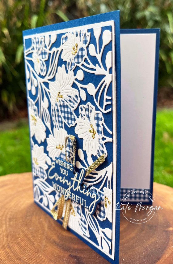 Die Cut Inlay Technique card using Stampin Up Gorgeous Garden dies by Kate Morgan Australia 2023 Blueberry Bushel inside