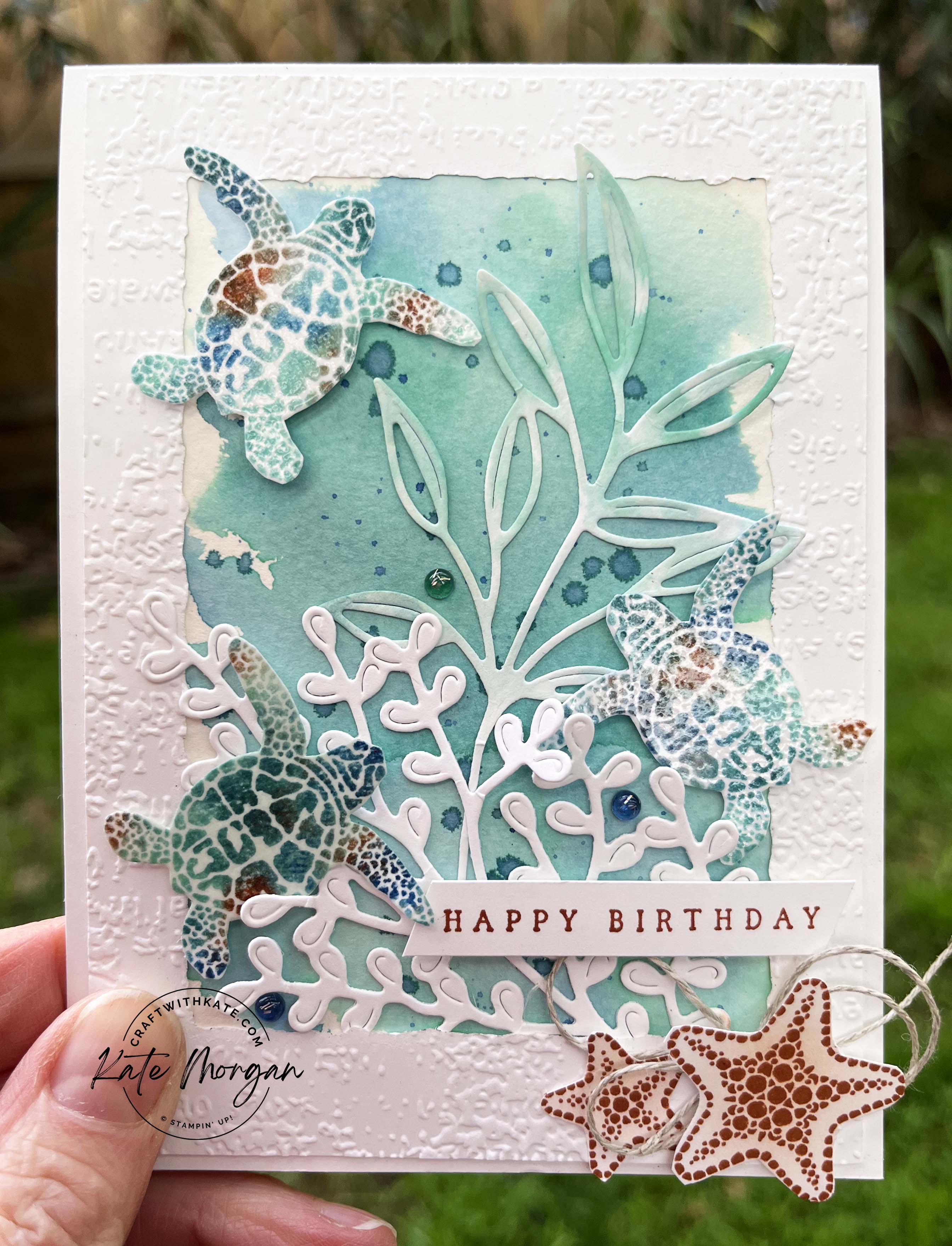 Sea Turtle Babywipe Technique card by Kate Morgan Stampin Up Australia 2023 Cajun Craze colour creations blog hop front