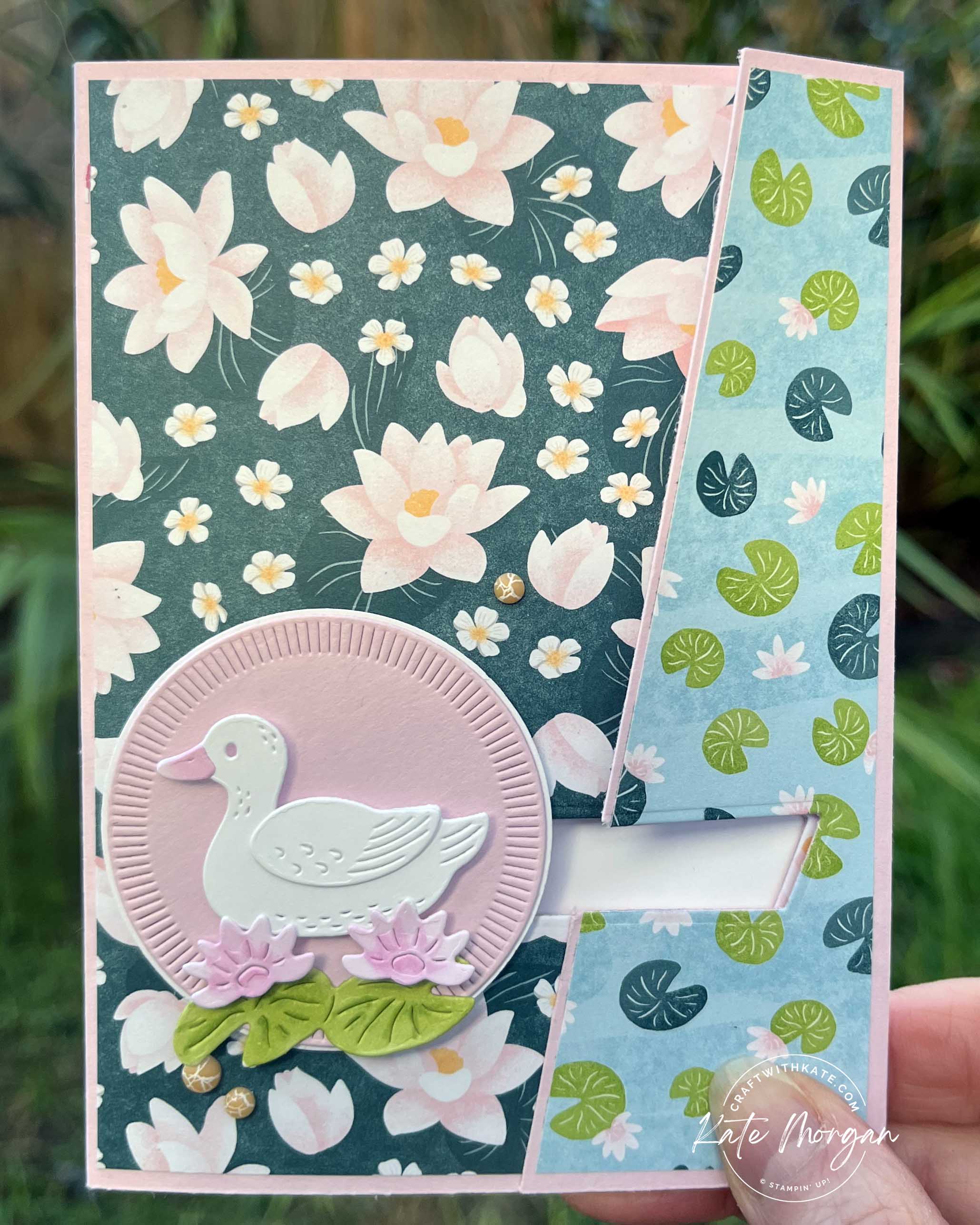 Angled Slide & Lock card with Charming Duck Pond and Lily Pond Lane DSP for Bubble Bath Colour Creations blog hop by Kate Morgan, Stampin Up Australia 2024 opening