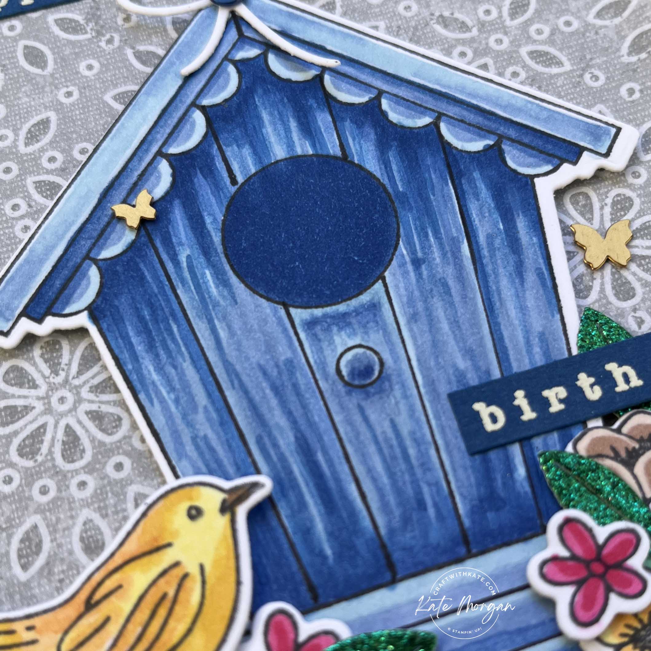 Colouring Masterclass of Country Birdhouse with Country Lace DSP for Blueberry Bushel Colour Creations blog hop by Kate Morgan, Stampin Up Australia 2024 close up