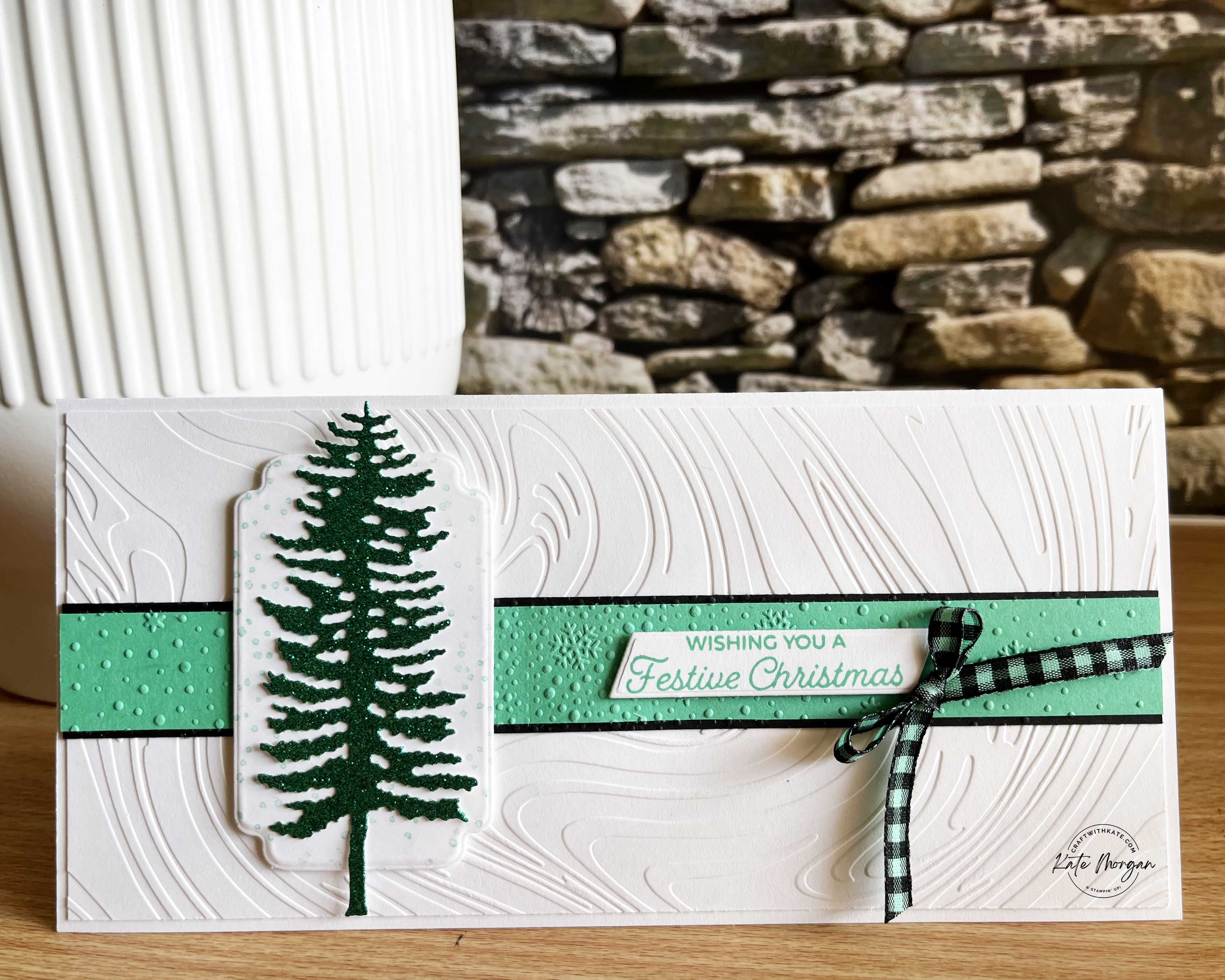 Slimline Christmas card using Forever Forest for Heart of Christmas blog hop by Kate Morgan, Stampin Up Australia 2024